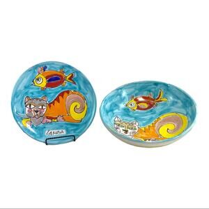 La Musa Italian Vintage Pottery Cat Fish Plate and Bowl